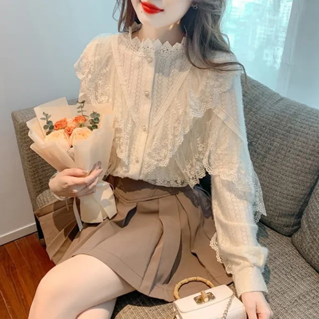 【baibeauty 白鳥麗子】韓版針織拼接蕾絲排釦立領襯衫(上衣)