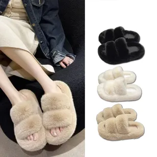 【Alberta】跟高4cm 高級感毛毛拖鞋 秋冬室外室內居家防滑毛絨兩寬帶拖鞋網紅小香風白色毛毛鞋