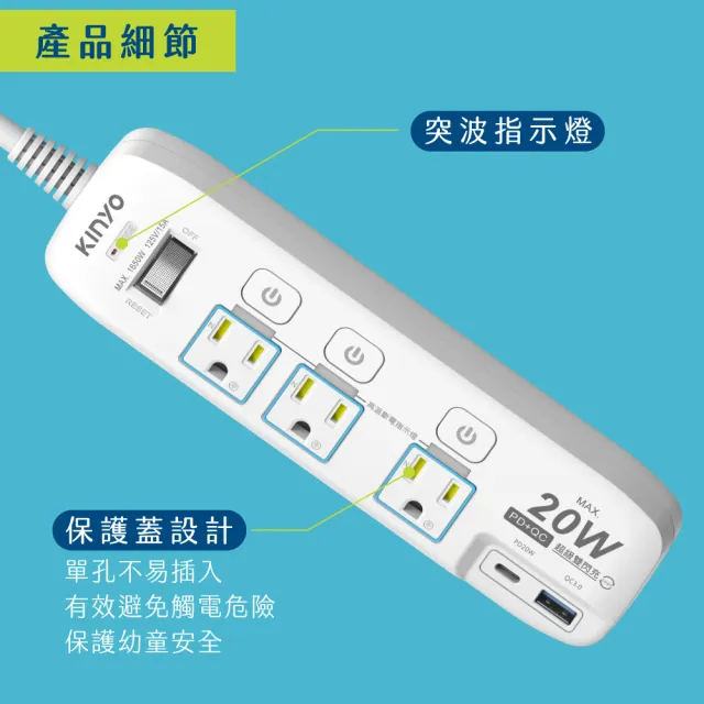 【KINYO】4開3插PD+USB延長線 1.8M(PD快充延長線 GIPD-3436)