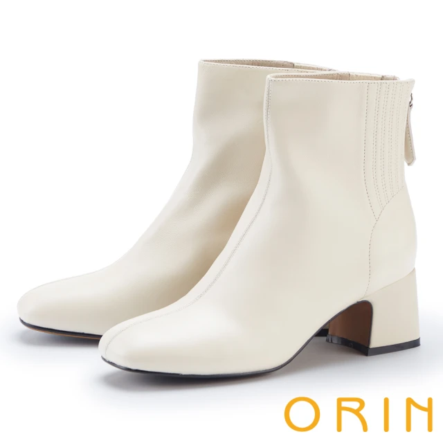 【ORIN】質感羊皮素面粗跟短靴(米白)