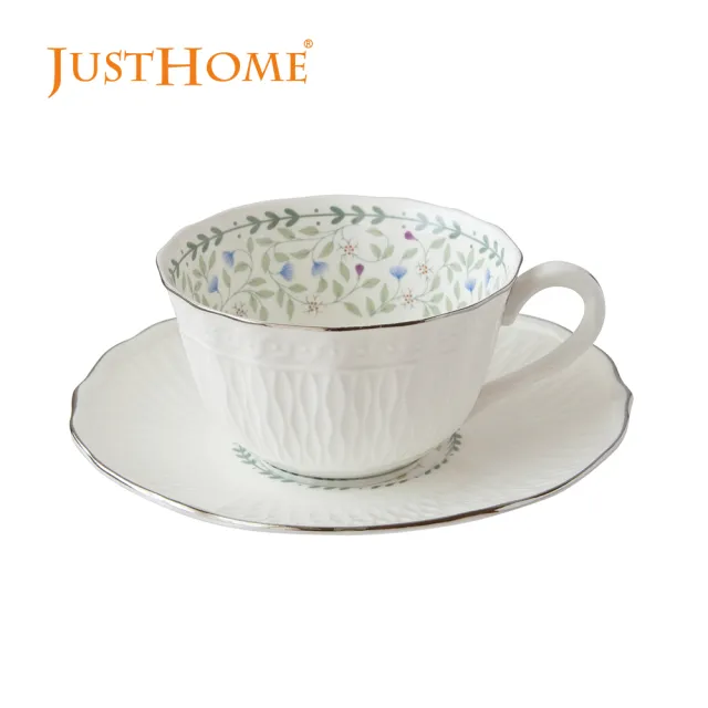 【Just Home】緻白浮紋花語新骨瓷咖啡杯盤組200ml(杯 咖啡杯 杯盤)