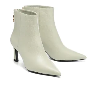 【AS 集團】極簡時髦LOGO拉鍊蜥蜴紋牛皮尖頭高跟短靴(綠)