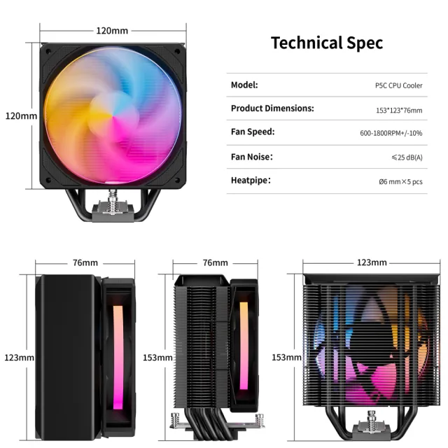 【upHere】ARGB CPU塔扇 單塔散熱 塔型散熱器 CPU散熱器帶120mm風扇 靜音 6mm x 5 銅熱管-帶燈(CPU塔扇)