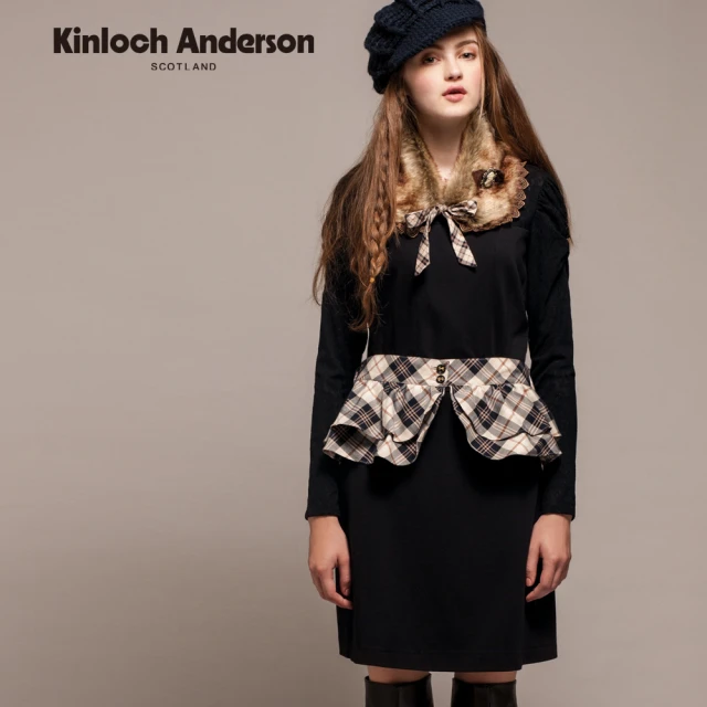 Kinloch Anderson 圓領公主袖格紋腰封長袖洋裝 金安德森女裝(KA0265706 黑)