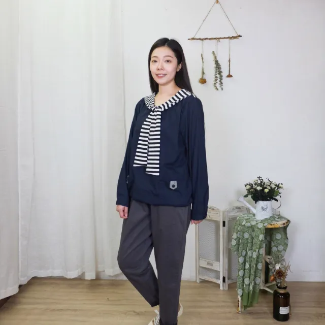 【Hana Mokuba】花木馬日系女裝面料拼接綁帶領片休閒上衣(上衣)