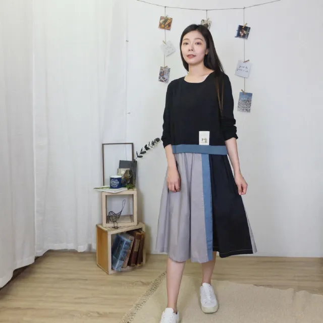 【Hana Mokuba】花木馬日系女裝不對稱面料拼接圓領休閒洋裝(連身裙)