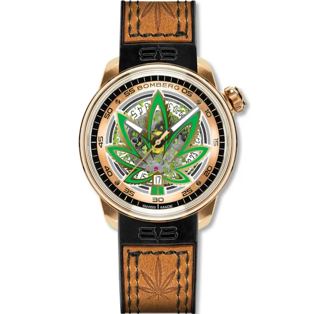 【BOMBERG】炸彈錶 限量 BB-01 大麻葉圖騰機械錶-玫瑰金x咖啡(CT43APGD.30-3.11)