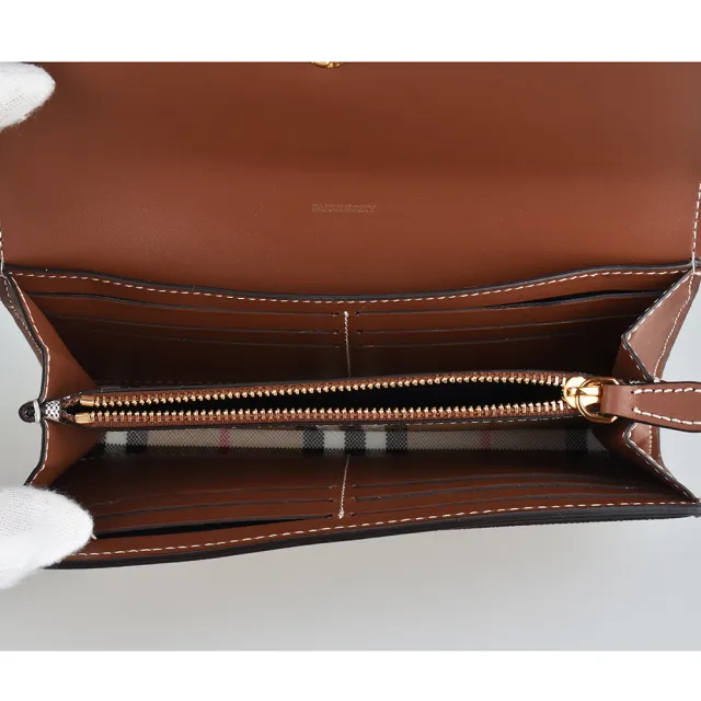【BURBERRY 巴寶莉】BURBERRY HALTON VINTAGE壓印字母LOGO牛皮拼接格紋PVC 12卡釦式長夾(奶茶棕)