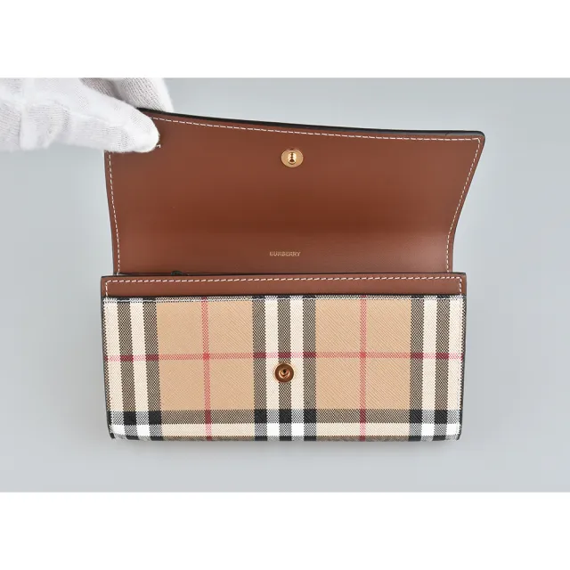【BURBERRY 巴寶莉】BURBERRY HALTON VINTAGE壓印字母LOGO牛皮拼接格紋PVC 12卡釦式長夾(奶茶棕)
