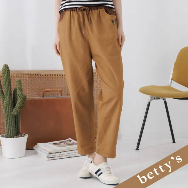 【betty’s 貝蒂思】腰鬆緊抽繩拼色刺繡休閒長褲(咖啡色)