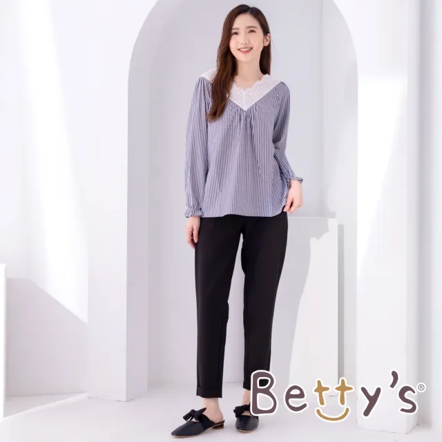 【betty’s 貝蒂思】條紋V領蕾絲拼接上衣(灰黑色)