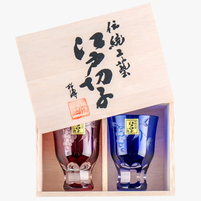 【田島硝子】江戶切子 日本手工 葡萄紋小酒杯 2入禮盒組  玻璃杯 朱紅色×琉璃色(TG04-83-2)