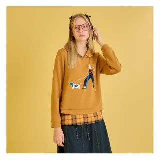 【YUTZUYA 優姿雅】鄰家少女刺繡娃娃領拼接格紋上衣(假兩件拼接長袖T恤)