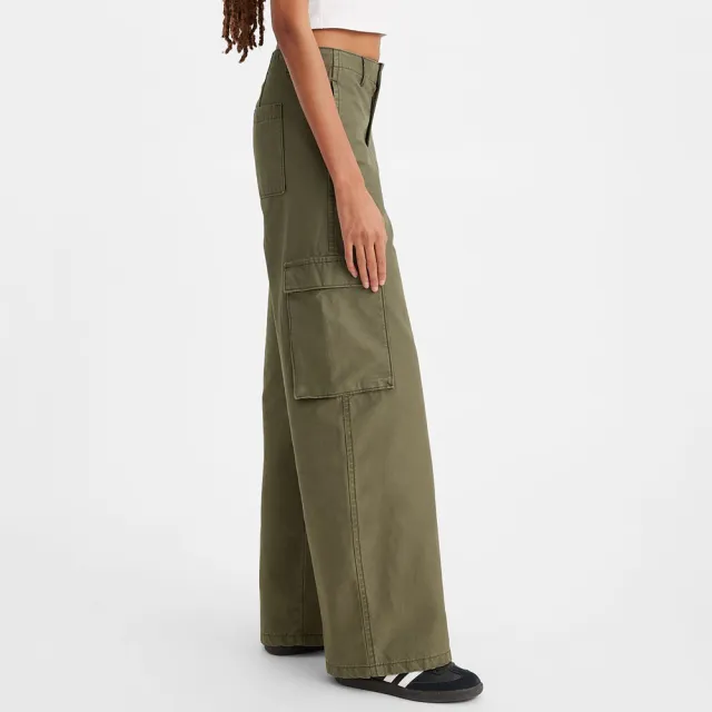【LEVIS】女款 街頭工裝風中腰寬直筒休閒長褲 橄欖綠 熱賣單品 A6077-0004