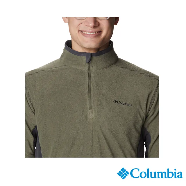 【Columbia 哥倫比亞 官方旗艦】男款-Klamath Range™UPF50刷毛半開襟上衣-軍綠(UAE65580AG/HF)