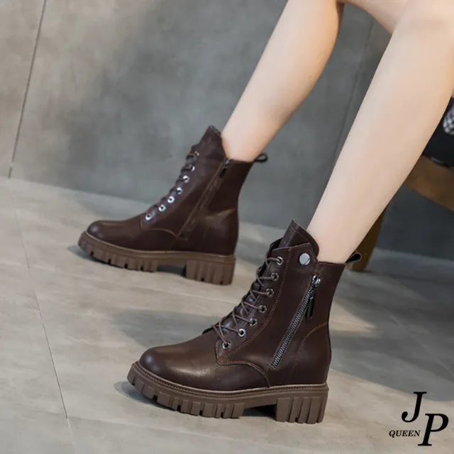 【JP Queen New York】酷酷女孩牛皮拉鍊內增高粗跟短靴馬丁靴(3色可選)