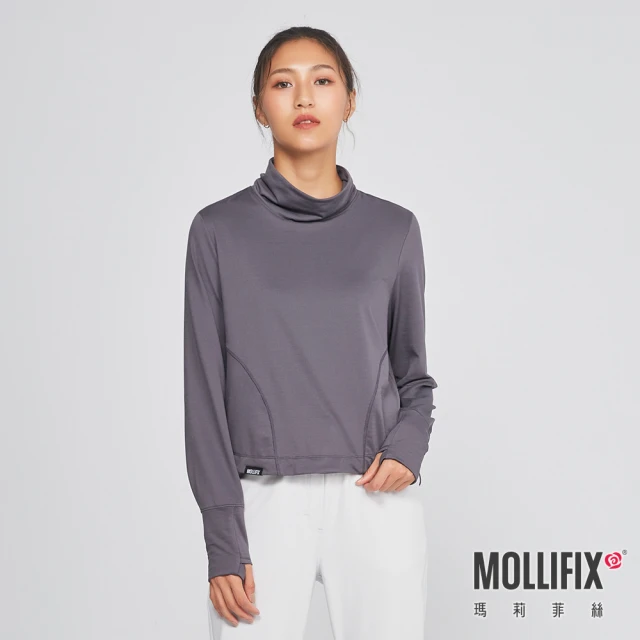 Mollifix 瑪莉菲絲 溫暖薄絨小高領長袖上衣、瑜珈上衣、瑜珈服(碳灰)