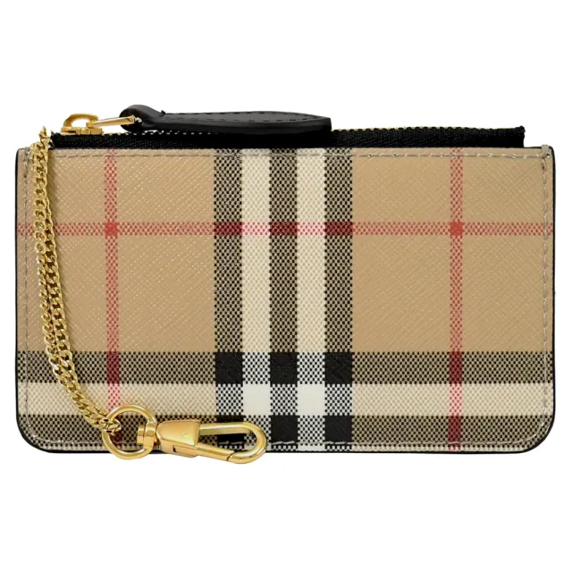 【BURBERRY 巴寶莉】英系經典格紋牛皮拼接鑰匙圈零錢包(卡其/黑)
