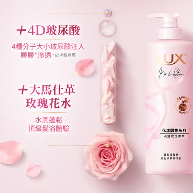 【LUX 麗仕】花漾調香系列洗髮精470ml x4入(浪漫玫瑰/清新小蒼蘭/恬淡藍風鈴/日出柑橙)