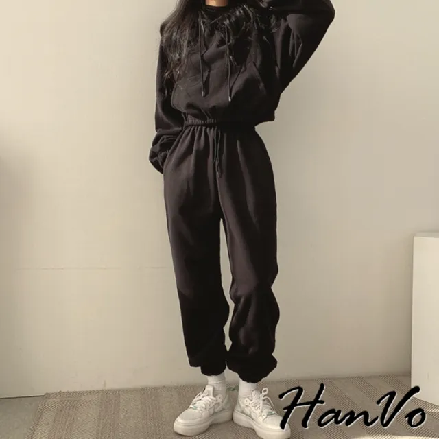 【HanVo】現貨 韓版縮腰休閒長袖長褲套裝(親膚涼感連帽運動套裝 日常韓系女裝 女生衣著 A08-5971)
