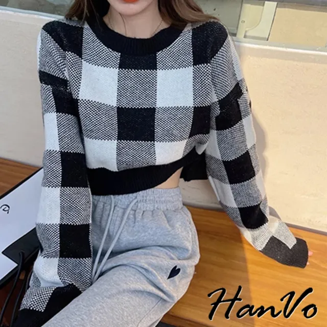 【HanVo】現貨 經典棋盤大格紋短版針織衣(柔軟親膚百搭格紋針織上衣 韓系女裝 女生衣著 A02-1939)