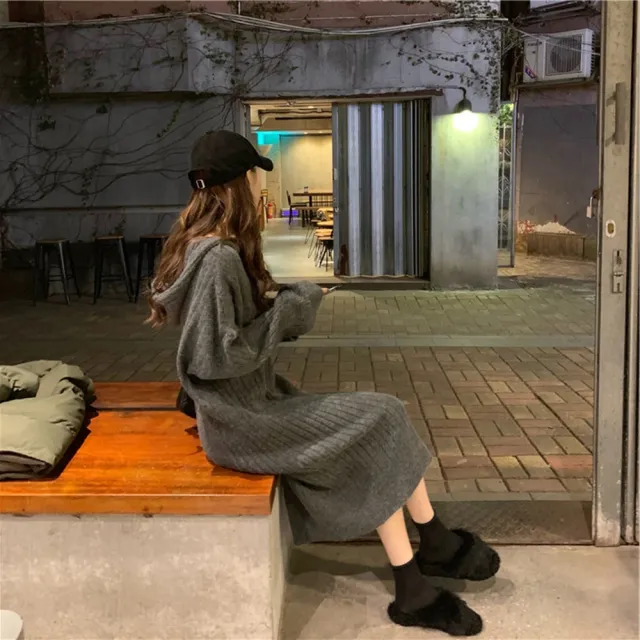 【D.studio】韓版寬鬆長版針織連帽針織上衣(毛衣長袖上衣女裝衣服寬鬆上衣顯瘦上衣冬裝連衣裙 S162)