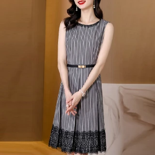 【ALICAI 艾麗彩】黑白直條紋睫毛蕾絲裙尾洋裝(中大尺碼/M-3XL)