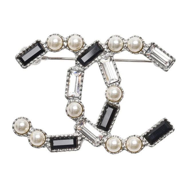 CHANEL 香奈兒 經典珍珠寶石鑲飾雙C LOGO造型胸針(銀/黑色ABC294-ARG)