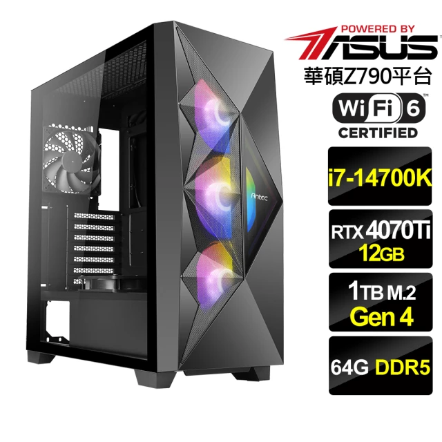 華碩平台 i7二十核GeForce RTX 4070Ti{北境俠客}電競機(i7-14700K/Z790/64G/1TB)