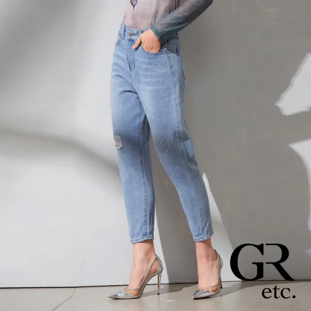 【GLORY21】品牌魅力款-etc.輕奢亮鑽刷痕直筒丹寧長褲(藍色)