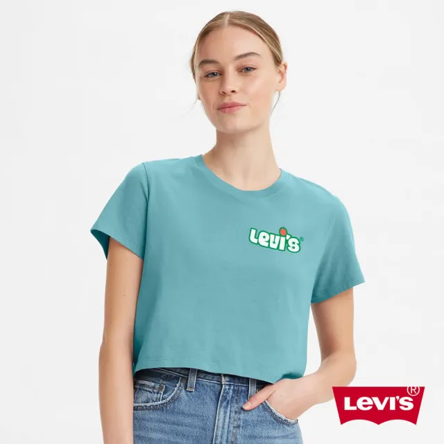 【LEVIS 官方旗艦】女款 短版T恤 / 90年復古Logo / 湖水綠 熱賣單品 A0785-0031
