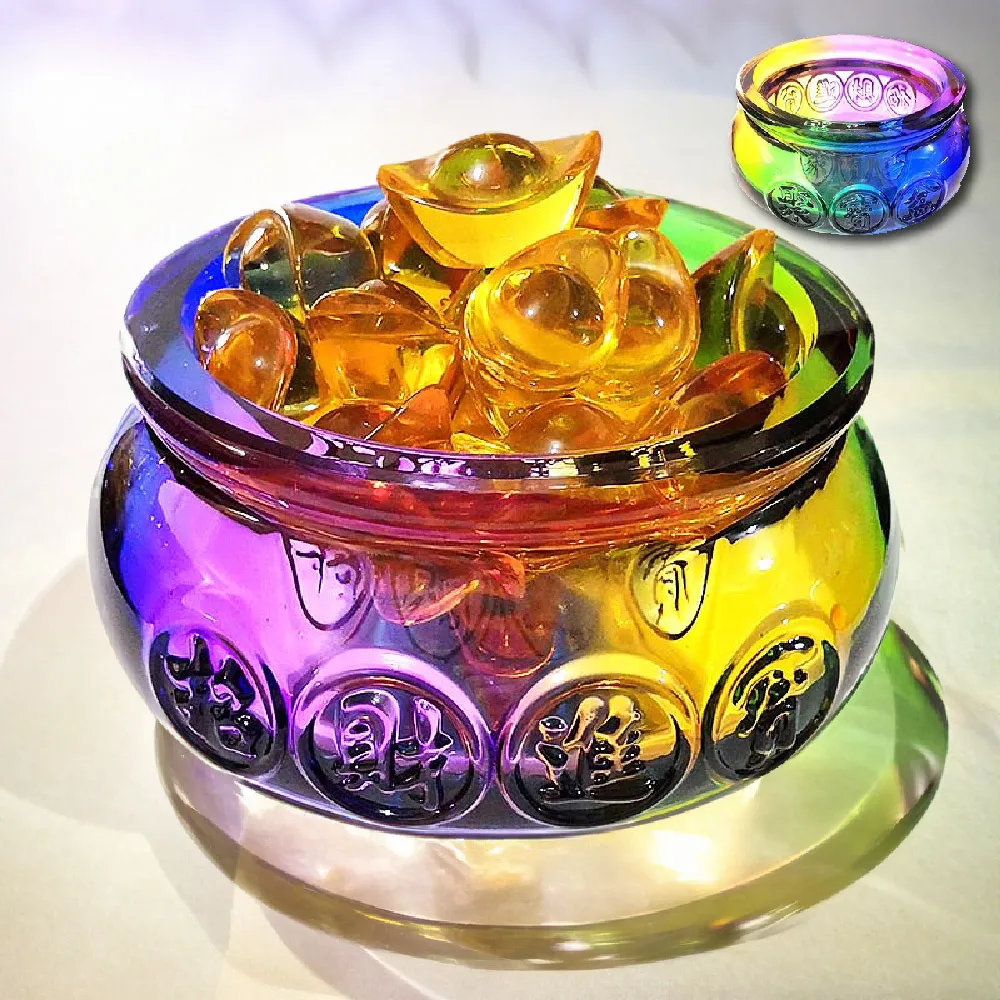 財神到】招財風水七彩琉璃聚寶盆-附元寶(事業開運人脈小香爐座招財金