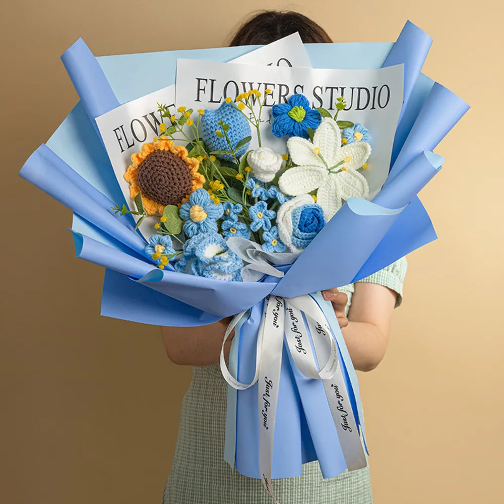 House Deco 吾所飾室】手工針織綜合花花束(玫瑰向日葵小雛菊百合