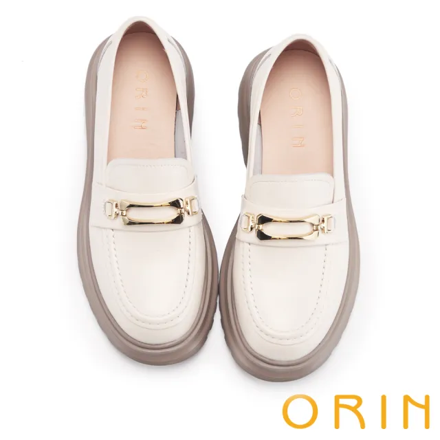 【ORIN】金屬方釦牛皮厚底樂福鞋(米白)