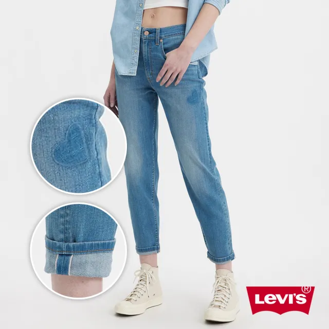 【LEVIS】女 上寬下窄 高腰修身窄管及踝牛仔長褲/赤耳X愛心補丁/天絲棉/彈性布料 熱賣單品 19745-0009