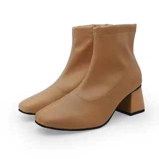 【Normady 諾曼地】女靴 短靴 MIT台灣製 顯瘦潮流素面車線粗中跟短靴-MIT手工鞋(奶茶棕)