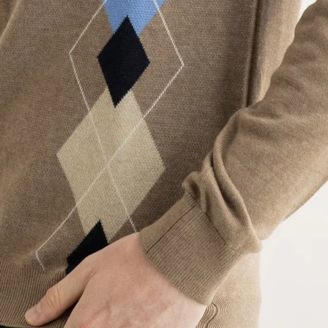【Arnold Palmer 雨傘】男裝-慵懶菱格紋半開襟立領針織衫(淺咖啡)