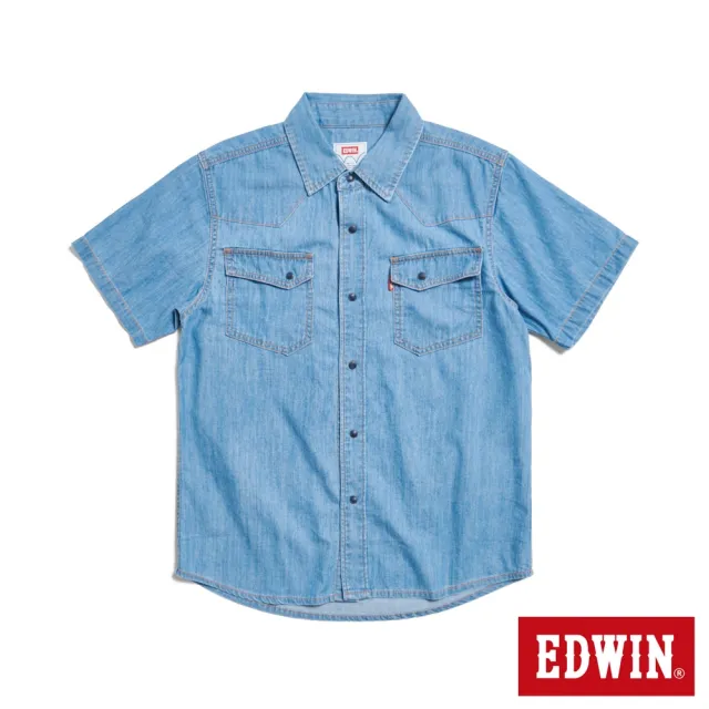 【EDWIN】男裝 牛仔短袖襯衫(石洗藍)