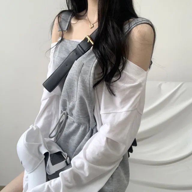 【D.studio】韓版休閒百搭收腰寬鬆背帶短褲(長袖上衣 女裝 衣服 寬鬆上衣 冬裝 長袖t恤 素T S140)