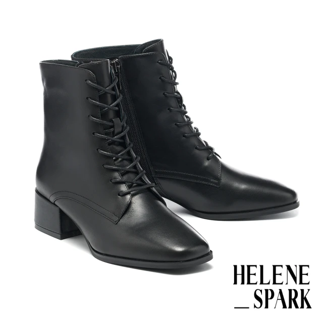 HELENE_SPARKHELENE_SPARK 時髦品味純色羊皮綁帶方頭高跟短靴(黑)