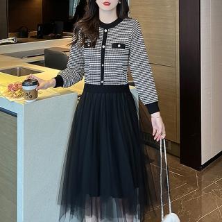 【FQ 時尚天后】黑白水滴針織上衣黑網紗裙洋裝(兩色/S-2XL)