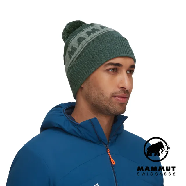 【Mammut 長毛象】Peaks Beanie 保暖針織LOGO毛球羊毛帽 深玉石綠/玉石綠 #1191-01100