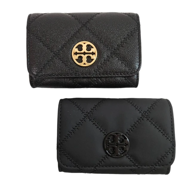 TORY BURCH TORY BURCH Willa 菱格紋皮革翻蓋卡片零錢包 兩色可選 磨砂黑／金色logo 贈原廠禮袋