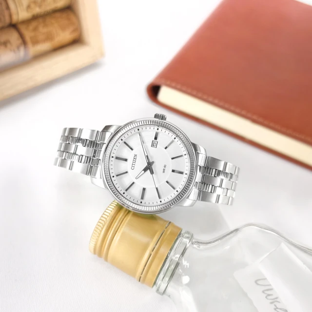 【CITIZEN 星辰】簡約時尚 經典條紋 日期視窗 日本機芯 不鏽鋼手錶 白色 41mm(BI1080-55A)