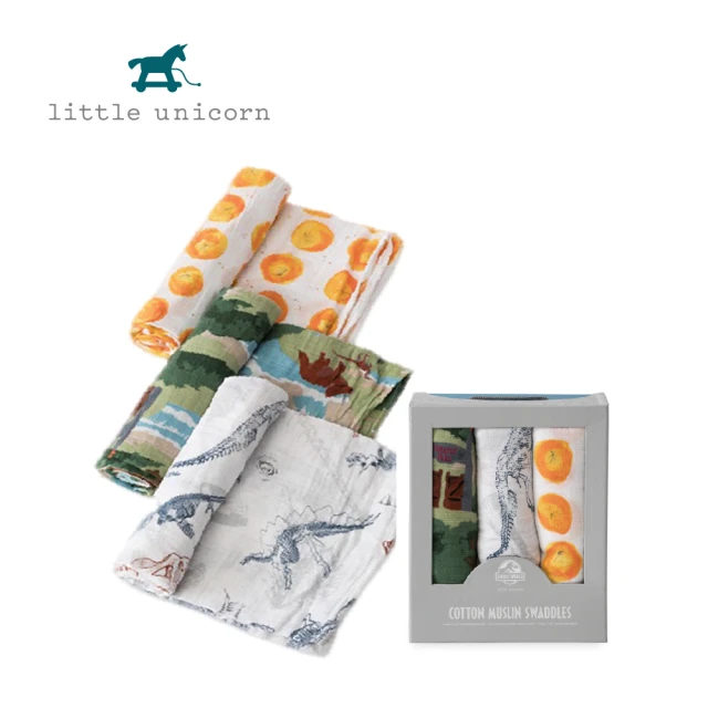 【Little Unicorn】純棉紗布巾3入組(經典侏儸紀 侏儸紀聯名款 恐龍 包巾)