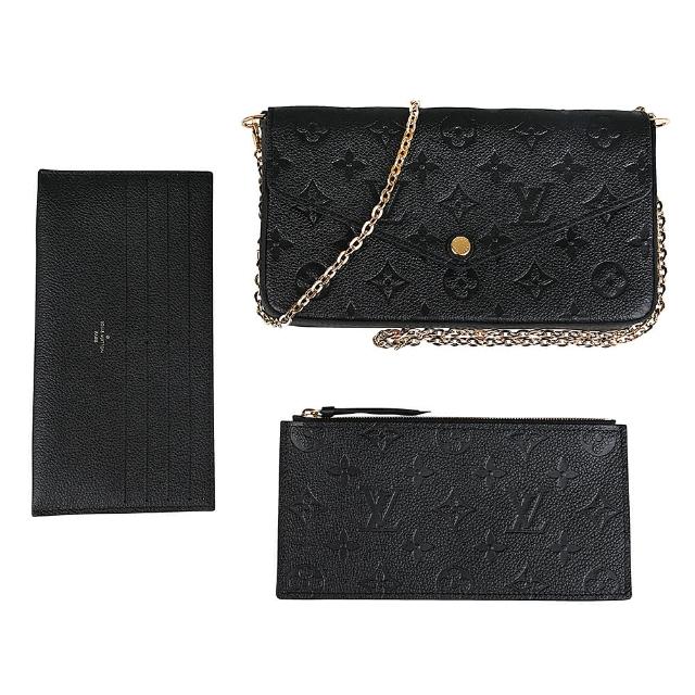 【Louis Vuitton 路易威登】M64064 FELICIE POCHETTE老花壓紋LOGO牛皮釦式鏈帶斜背包(黑)