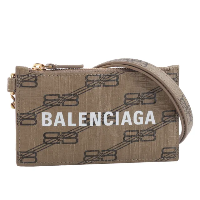 【Balenciaga 巴黎世家】BB Monogram 小款金釦卡片夾_附可拆式掛繩(米色/棕色)