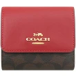 【COACH】紅X深咖啡三折式PVC滿版LOGO零錢袋短夾
