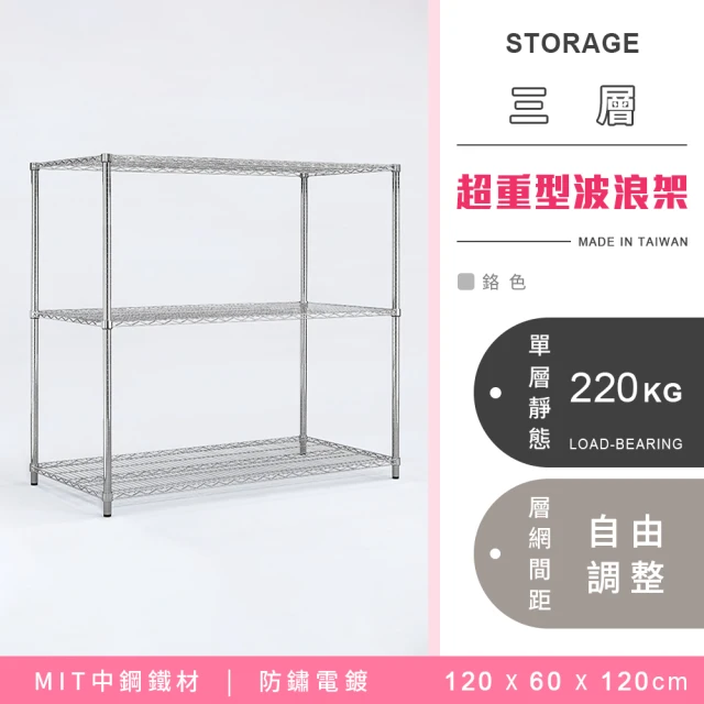 MIT耐重鐵力士 超重型三層置物架 120x60x120cm(波浪架.鐵力士架.收納架.貨架.層架.鐵架.儲物架)