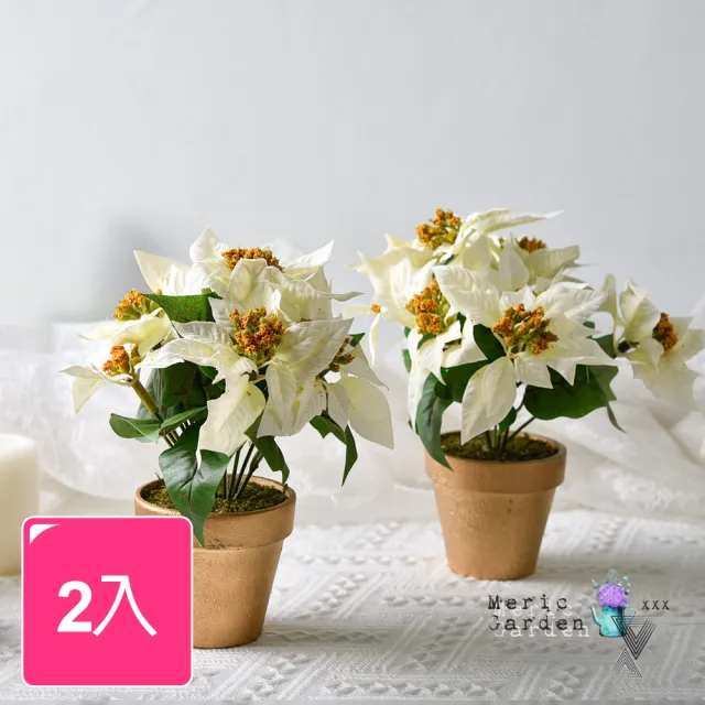 【Meric Garden】高仿真台灣手工限定雪白聖誕紅小盆栽(2入一組)